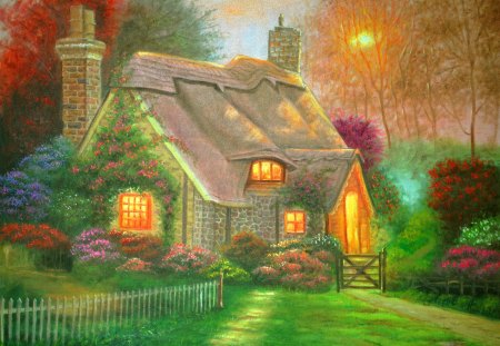 Cottage - pretty, relax, summer, cabin, grass, alleys, calmness, flowers, path, countryside, villa, forewst, garden, yard, nice, cottage, sun, house, greenery, trees, beautiful, lovely, fence, rest, village, colorful, rays, lights, green, painting, serenity, peaceful