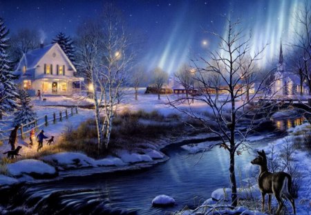 Winter night - pretty, evening, snow, night, reflection, deep, holiday, riverbank, frost, nice, cottage, sky, clouds, house, winter, beautiful, holy, lovely, horse, village, christmas, river, frozen, nature, noel, new year, cold, serenity, dusk, peaceful