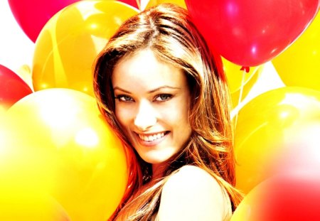 Olivia Wilde - happy birthday, yellow, tv series, girl, beauty, actress, smile, baloons, red, woman, model, movie, olivia wilde