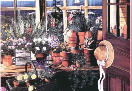 Garden - art, window, hat, garden, flower