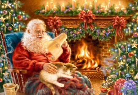 Christmas dreams - santa, holiday, decoration, home, dream, cat