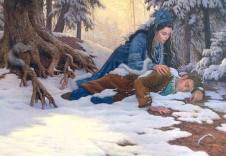 Ice Princess - woman, girl, winter, russian, christmas, painting, white, art, forest, man, blue, snow, fairy tale, tree, prince, ice princess