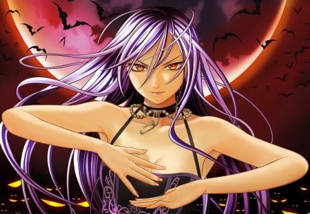 Queen of Bats - moon, anime, bat, queen, girl, beauty, night, hair, vampire, black, manga, purple, red, woman, halloween