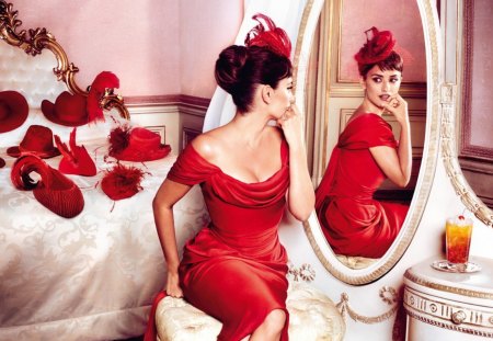 Penelope Cruz - actresses, models, people, spanish, penelope cruz, hats, red dress, mirror, red, beautiful, campari, celebrity, dress