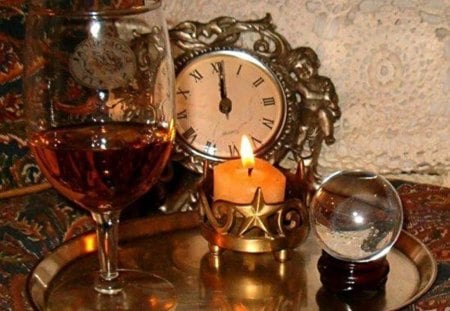 still life - candle, clock, wine, plate, cup