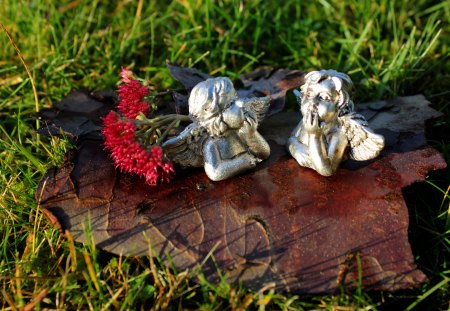 ๑♥๑ Talking about Christmas ๑♥๑ - pretty, angels, grass, fresh, garden, statue, forever, small, together, lovely, love, red flowers, christmas, nature, silver, green, wings