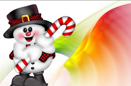 SNOWMAN AND HIS CANE - cane, snowman, 3d, candy, happy, wallpaper