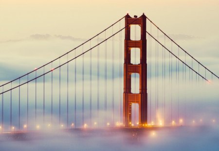 Golden Gate Bridge in dense fog - gate, fog, golden, dense, bridge