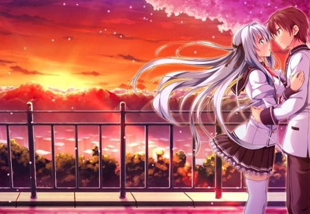 just kiss me - couple, beautiful, anime, place, sunset, cute