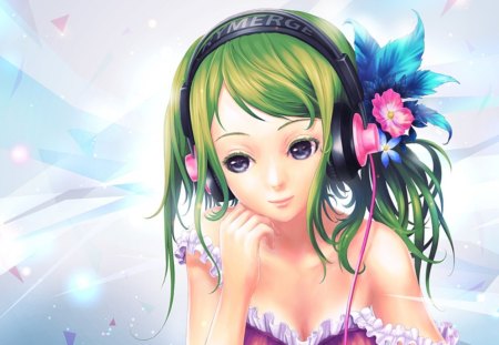 Anime - beauty, nice, female, headphone, hot, anime girl, shine, white, pretty, anime, cute, maiden, sexy, girl, light, abstract, green hair, flower