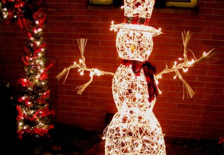 Snowman in Lights - christmas, snowman, winter, nature, holiday, decoration, lights, ornaments