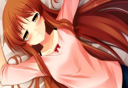 I Feel Sleepy.... - yellow eyes, big breasts, sexy, bed, girl, long hair, sleepy, brown hair, game, blush, chuning lover, cute, hyoudou jun