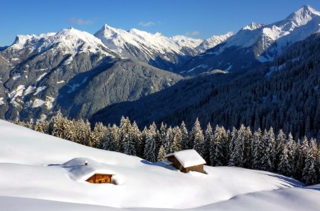 Deep snow - cabin, snow, mountain, deep, view, frost, nice, cottage, sky, house, trees, winter, beautiful, slope, lovely, valley, village, frozen, white, nature, cold, peaceful