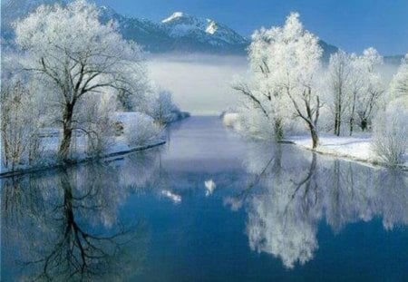 Winter Landscape - winter landscape, winter, river, tree, mountain, snow