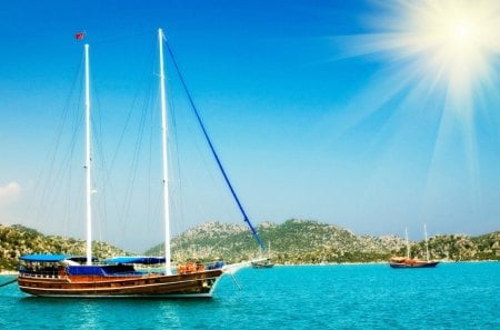 beautiful sunny harbor - sailboats, sunny, harbor, shore