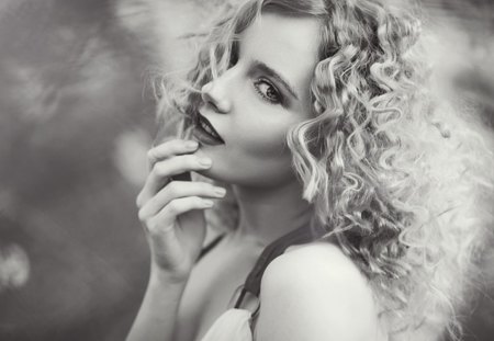 Curly Hair - woman, curly, hair, black and white, smile