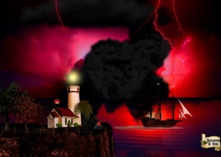 Crimson Storm - storms, oceans, lighthouses, ships, lightning