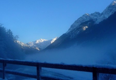 amazing river in a valley in winter - fence, valley, river, winter, mountains