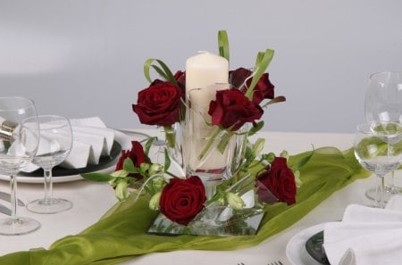 à¹‘~â™¥à¹‘ One brilliant day à¹‘â™¥~à¹‘ - blood roses, beauty, table for two, hearts, special event, evening, forever, arrangement, red roses, magnificent, love, fresh, white candles, fashion, stunning, christmas, centerpiece, entertainment, purity, romantic