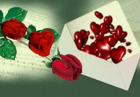 Rose and Heart - flowers, rose and heart, red rose, letter envelope