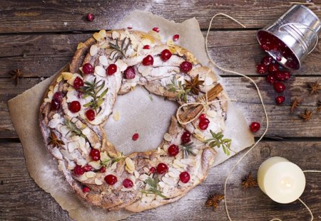 Christmas cake - delicious, sour cherries, fruit, cherries, beautiful, holiday, sweet, food, icing sugar