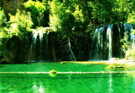 waterfall in green forest - green, tree, forest, waterfall