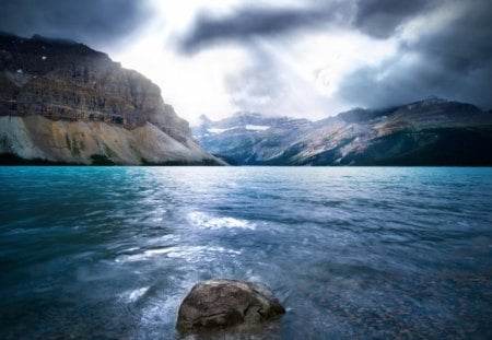 sun illuminates the mountains and lake - lake, mountains, sun, illuminates