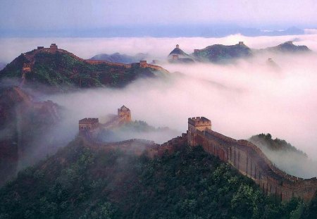 the great wall of china in the mist - mountains, trees, mist, wall