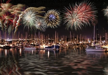 glorious fireworks over marina - reflection, boats, marina, night, fireworks