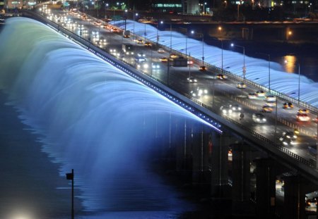 rainbow fountain bridge in soul korea - cars, fountain, bridge, lights