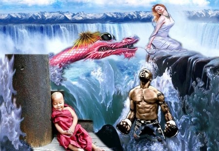 TO THE RESCUE - dragons, fighter, child, waterfalls