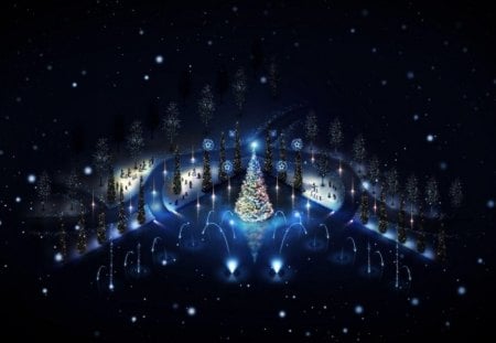 Christmas In The Park - snowmen, trees, christmas tree, snowflakes, lights, night, fireworks