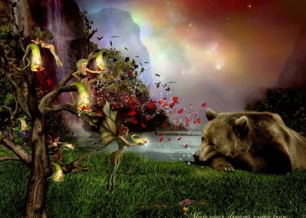 May Your Dreams come True - dark clouds, lake, copyrighted, brightening sky, bear, drezdany, art, green grass, fairies, flowers