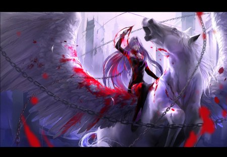 Rider - animal, pegasus, blood, rider, chains, fate stay night, anime, purple hair, wings, long hair, female, weapon