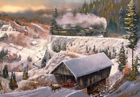 SLEIGH RIDE - village, sleigh, train, winter, snow, horse, bridge