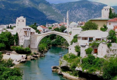 Bridge-Houses. - picture, mostar-bosnia-and-hercegowina, houses, bridge