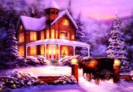 Christmas evening - nice, cottage, new year, santa claus, night, lovely, christmas, painting, holy, horse, evening, noel, beautiful, holiday, house, lights