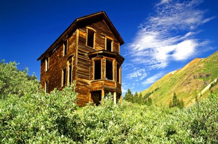 Wooden mountain cottage - nice, cottage, sky, mountain, wooden, field, lovely, slopes, nature, pretty, beautiful, green, house, grass