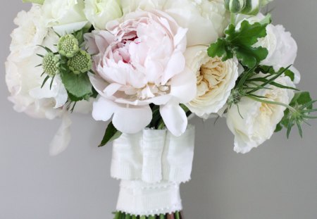 ~âœ¿~ All I see is PURITY ~âœ¿~ - roses, bouquet, white, forever, green, peony, ribbon, soft pink, love, fresh, light, fashion, bridal, pure, entertainment, bright, bow, energy