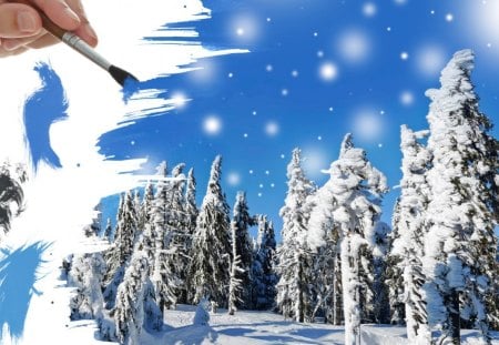 Paint a Winter Picture - trees, winter, christmas, bright, paint, abstract, forest, woods, snow, snowing, feliz navidad, brush