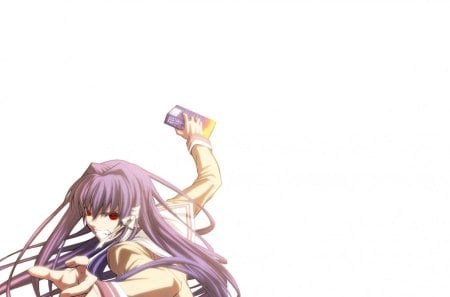 Clannad - Kyou Fujibayashi - anime, book, hot, girl, eyes, long, hair, angry, purple, violence, red, ferocious, clannad, sexy