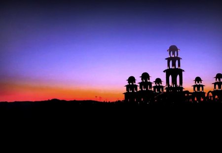 Beauty in Black Silhouettes - pretty, vibrant, sunset, beautiful, evening, temple, architecture, building