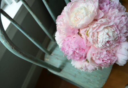 ~âœ¿~ Sweet Innocence ~âœ¿~ - love, innocence, bouquet, nature, peonies, lovely pretty, chair, forever, romantic, bunch, sweet, flowers, pastels, old, soft pink