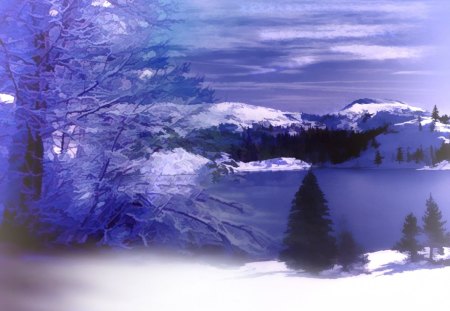 Frozen dream - trees, winter, blue, snow, lake