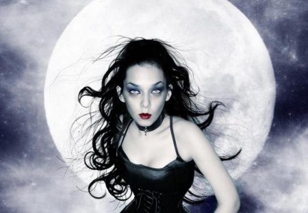 GOTHIC MOON - moon, fantasy, red lipstick, black hair, gothic, wallpaper