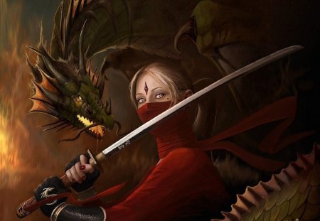 DRAGON SLAYER - fantasy, dragon, katana, sword, slayer, wallpaper