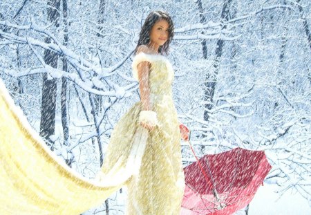 Pink umbrella - woman, yellow dress, girl, winter, christmas, white, forest, pink, umbrella, snow, brunette, tree