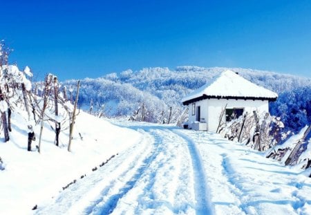 Winter in mountains - beautiful, frozen, cottage, frost, cabin, countryside, white, deep, bright, nature, mountain, cold, path, winter, pretty, rays, valley, sun, blue, sky, nice, lovely, house, snow