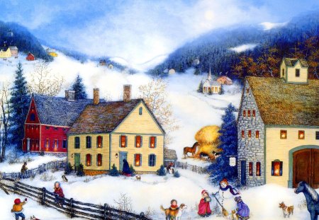 Countryside life - fun, nice, sky, joy, peaceful, countryside, painting, pretty, life, children, snowy, snowman, fence, mountain, work, playing, slopes, lovely, kids, village, snow, beautiful