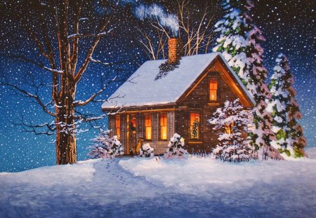 Winter house - new year, cottage, nice, trees, peaceful, path, painting, pretty, cold, evening, calmness, house, frozen, winter, night, smoke, snowflakes, lovely, serenity, christmas, snow, beautiful, frost, snowing, cabin, lights